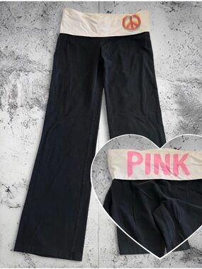 PINK Victoria's Secret Black Boot-Cut Pants with White Waistband and Pink Logo